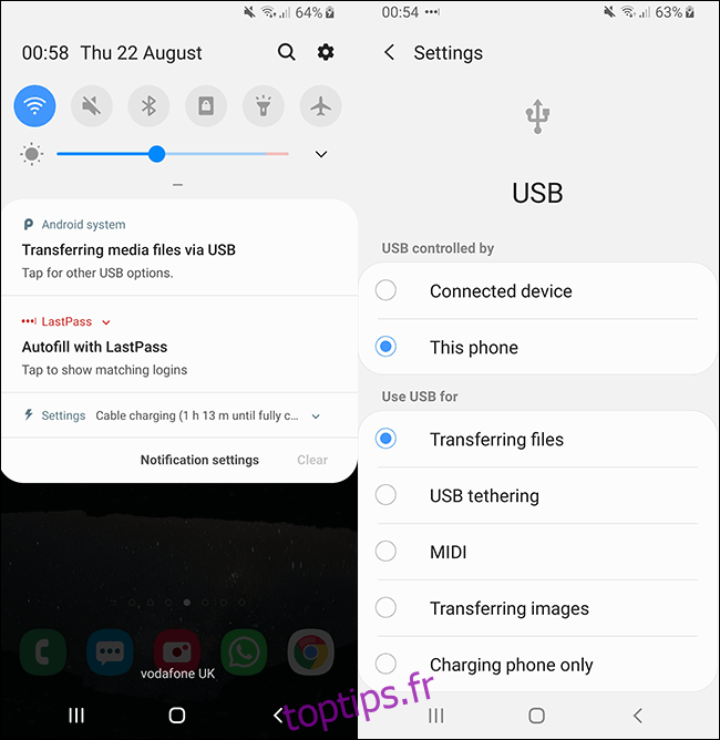 Options de connexion USB Android