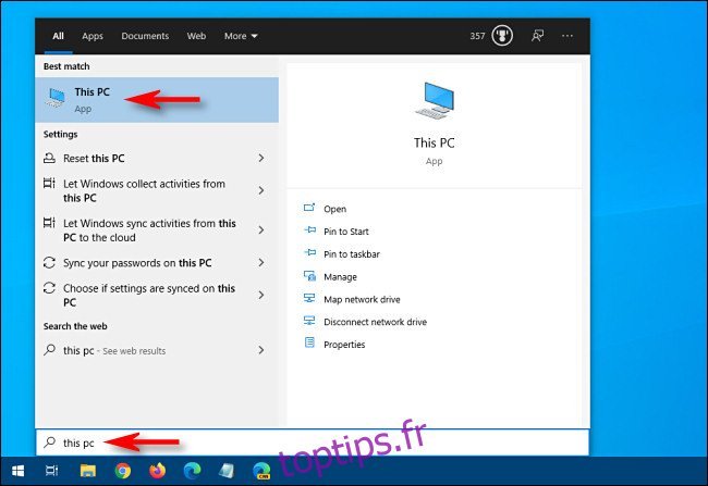 Ouvrez le menu Démarrer de Windows 10 et tapez 