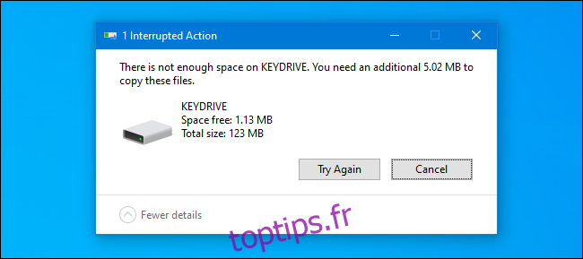 Un message d'espace insuffisant dans Windows 10.