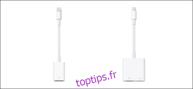 Deux adaptateurs Apple Lightning vers USB.