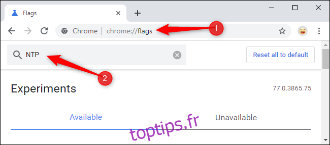 Recherche d'indicateurs NTP sur la page des indicateurs de Chrome.