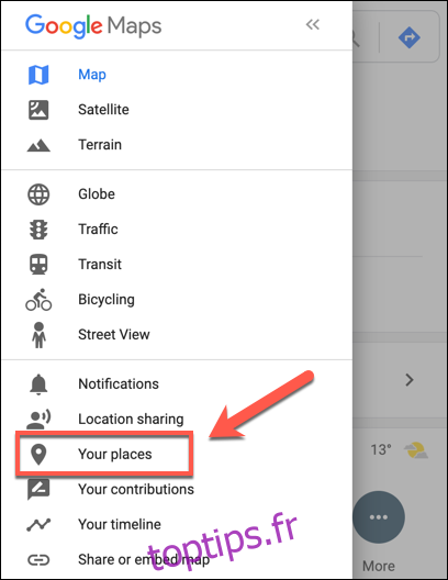 Appuyez sur l'option Vos adresses dans Google Maps
