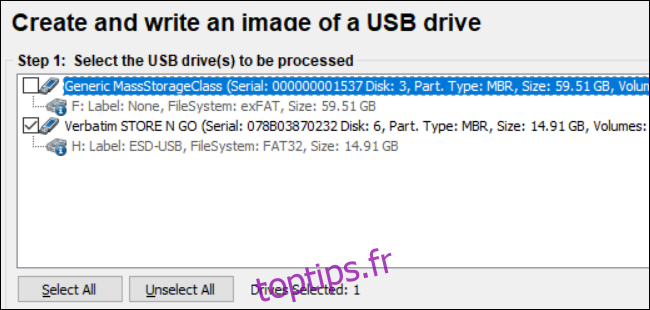 Sélectionnez une clé USB pour créer une image