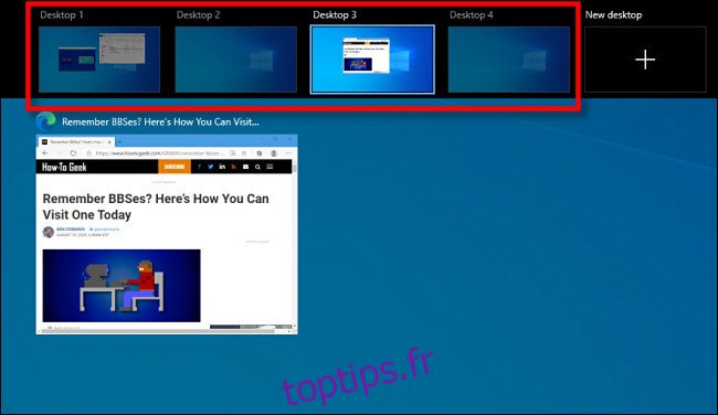 L'écran d'affichage des tâches de Windows 10 qui affiche les bureaux virtuels