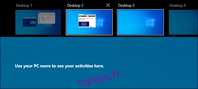 Dans la vue des tâches de Windows 10, la fenêtre a été déplacée vers un autre bureau virtuel.