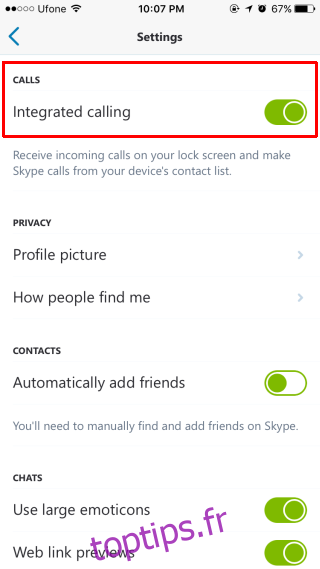 appel intégré skype