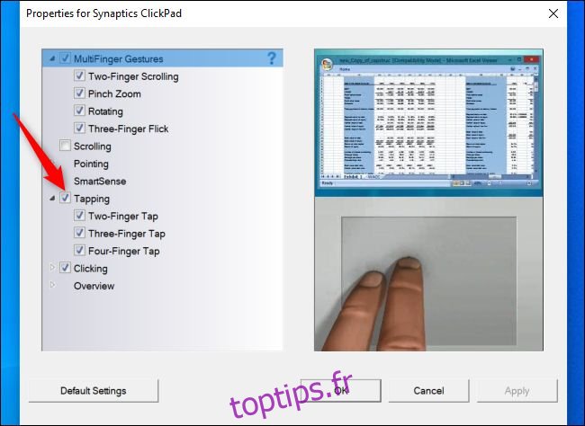 Désactivation du tap-to-click dans la fenêtre des paramètres du pavé tactile Synaptics.