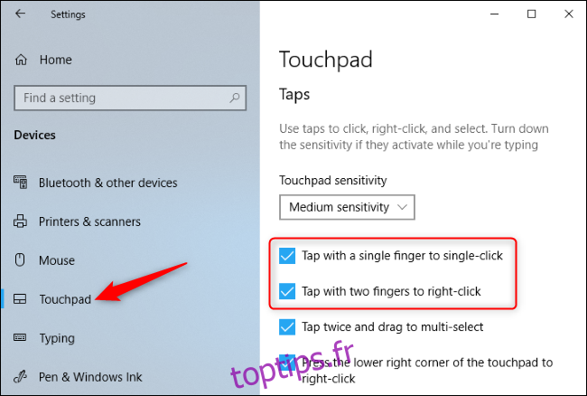 Désactivation du tap-to-click dans l'application Paramètres de Windows 10.