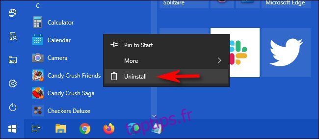Dans le menu Démarrer de Windows 10, cliquez avec le bouton droit sur l'application et sélectionnez 