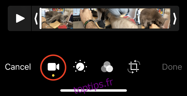 Le menu d'édition vidéo dans l'application iOS Photos.
