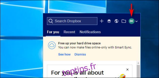 Cliquez sur Avatar dans Dropbox sur Windows 10