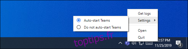 Désactivation du démarrage automatique de Microsoft Teams à partir du menu de l'icône de la barre d'état système.,