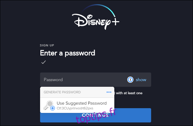 Générer un mot de passe fort pour Disney + avec le gestionnaire de mots de passe 1Password X dans Google Chrome.