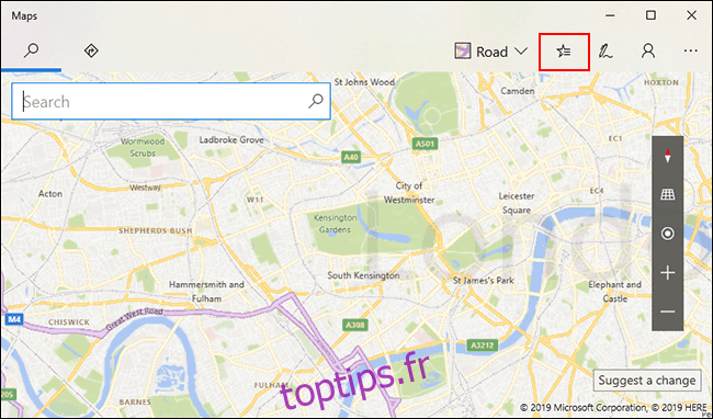 Dans Windows 10 Maps, cliquez sur l'icône Lieux enregistrés en haut à droite