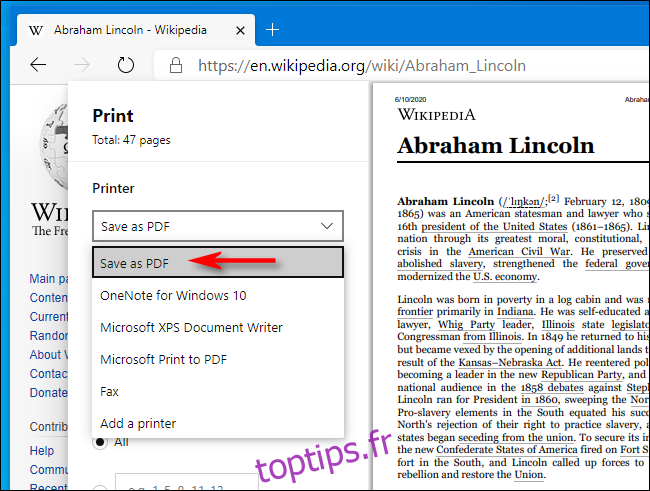 Sélectionnez Enregistrer au format PDF dans la fenêtre d'impression dans Microsoft Edge