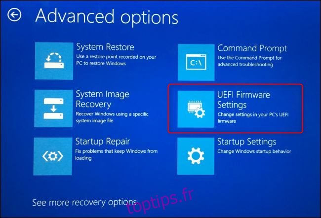 L'option Paramètres UEFI FIrmware sur l'écran des options de démarrage avancées de Windows 10.