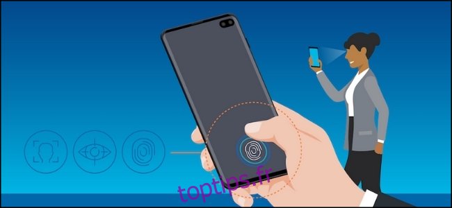 Un dessin d'une femme utilisant la reconnaissance biométrique Samsung à l'arrière d'un smartphone.