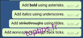 Quatre exemples de messages montrant le formatage différent.
