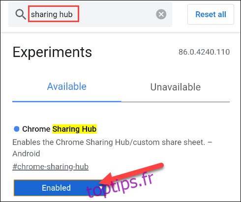 activer l'indicateur du hub de partage