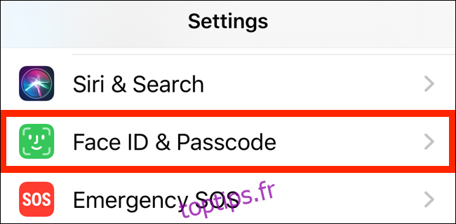 Cliquez sur la section Face ID et Passcode dans Paramètres