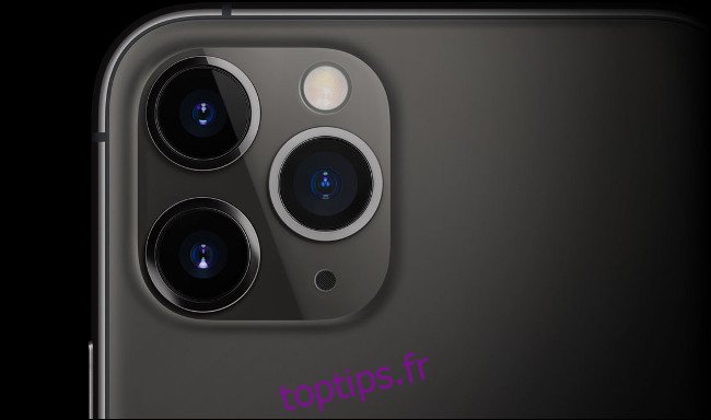 Les triples lentilles sur un iPhone 11.