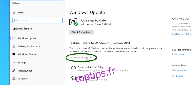 Installation de la mise à jour de mai 2020 à partir de Windows Update