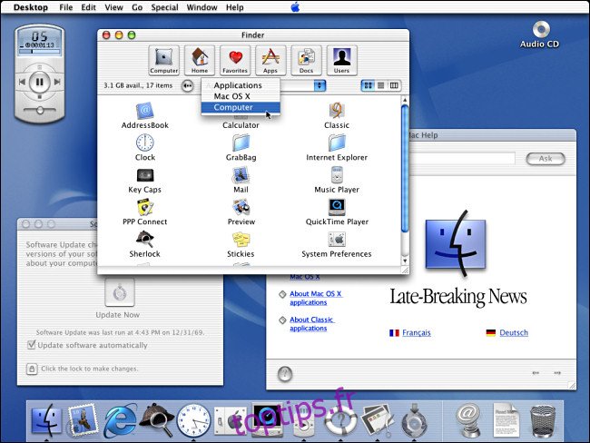 Plusieurs menus s'ouvrent sur un bureau Apple Mac OS X Public Beta.