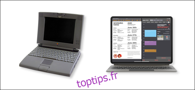 Un PowerBook 540c à côté d'un iPad Pro avec un clavier magique. 