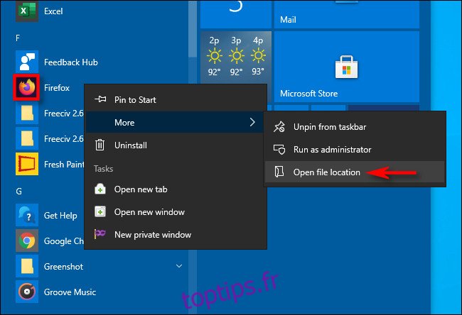 Recherche de l'emplacement du raccourci d'une application à l'aide du menu Démarrer de Windows 10