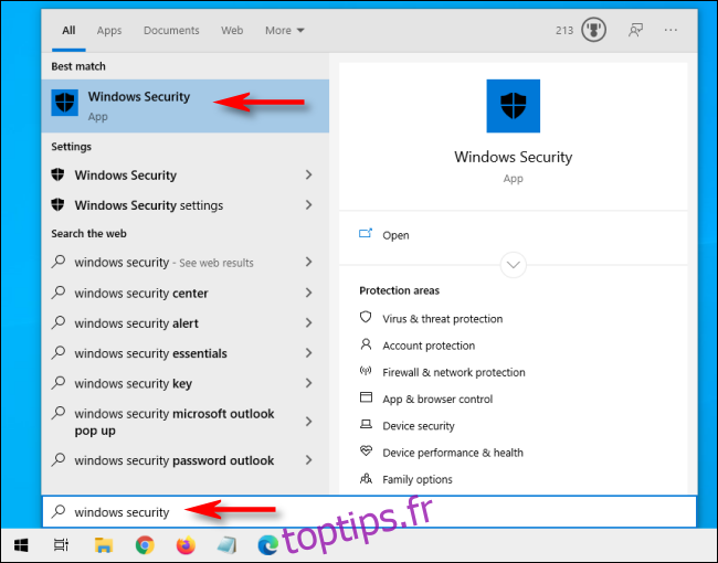 Ouvrez Démarrer et tapez Sécurité Windows sur Windows 10