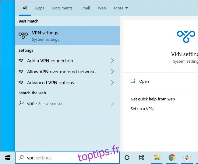 Recherche dans le menu Démarrer de Windows 10 pour les paramètres VPN
