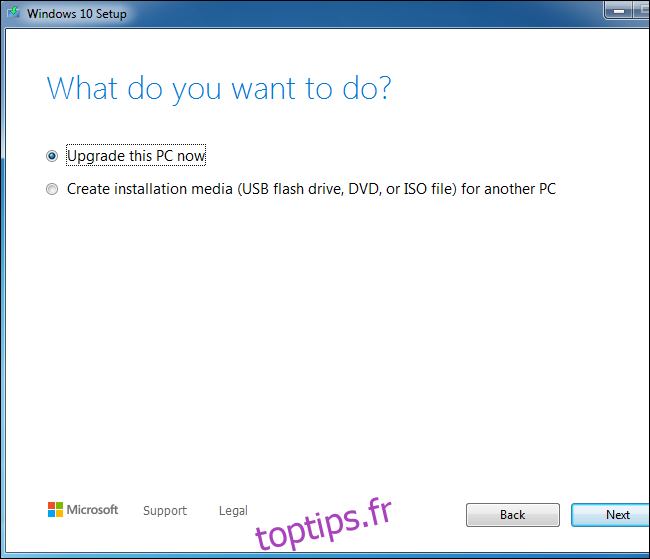 Utilisation de l'outil de configuration de Windows 10 pour mettre à niveau un système Windows 7.