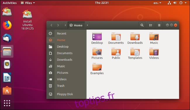 Le gestionnaire de fichiers Nautilus sur un bureau Ubuntu Linux.