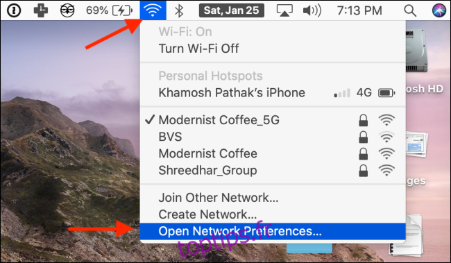 Cliquez sur Ouvrir les préférences réseau dans le menu de la barre de menu W-Fi