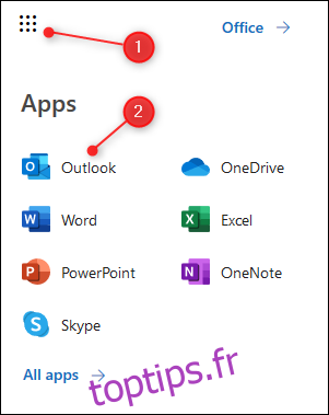 Le lanceur d'applications O365 avec Outlook en surbrillance.