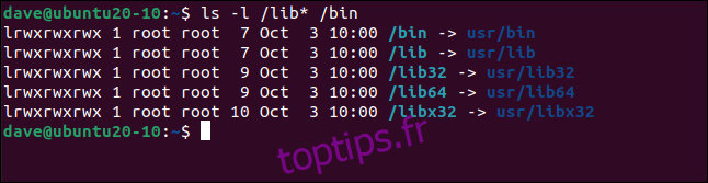 ls -l / lib * / bin dans une fenêtre de terminal.