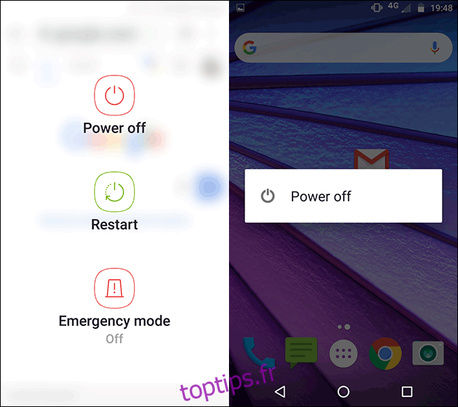 Le menu d'alimentation sur un téléphone Samsung Motorola Android.