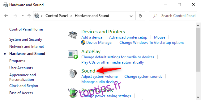 Ouverture des options audio dans le panneau de configuration de Windows 10