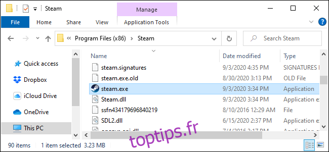 Le fichier steam.exe dans l'Explorateur de fichiers