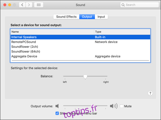 Préférences de sortie audio macOS