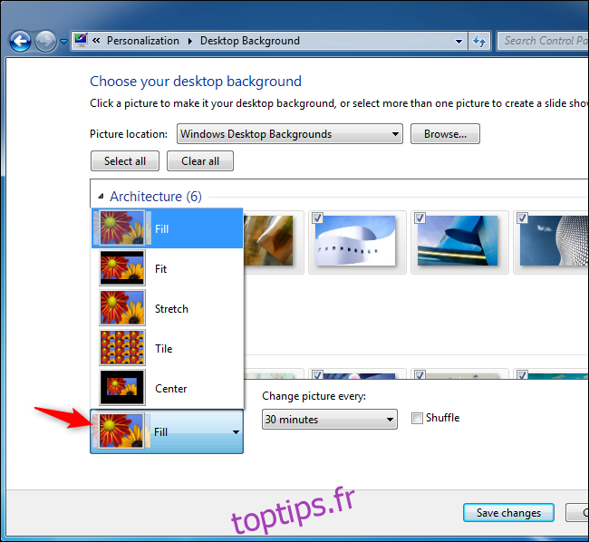 Sélection des options de fond d'écran sous Windows 7.