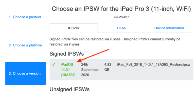 Sélectionnez la dernière version signée du fichier IPSW.