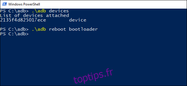 Commandes ADB exécutées dans une fenêtre Windows PowerShell