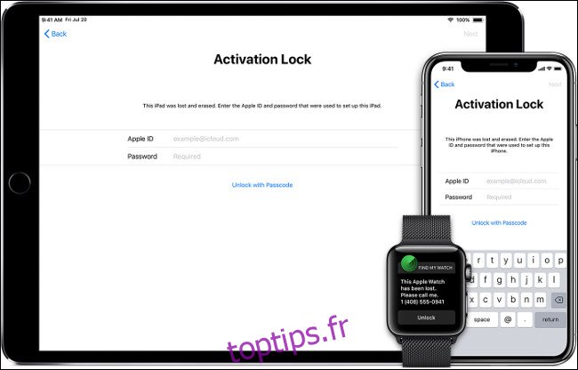 L'écran de verrouillage d'activation sur un iPhone, un iPad et une Apple Watch.