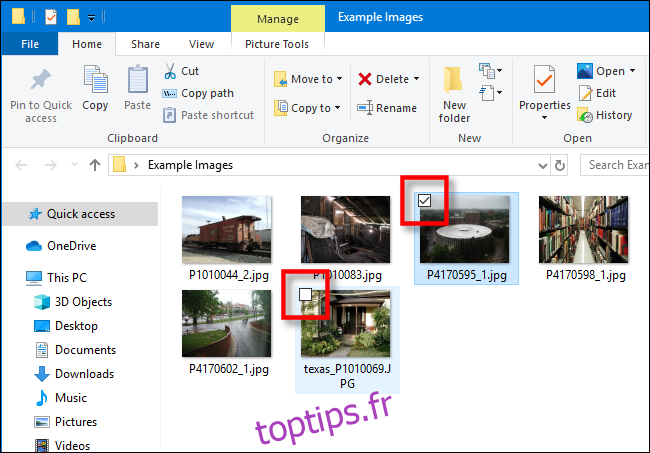 Exemple de cases à cocher dans l'Explorateur de fichiers Windows 10