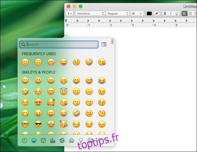 Fenêtre de sélection des émoticônes Mac