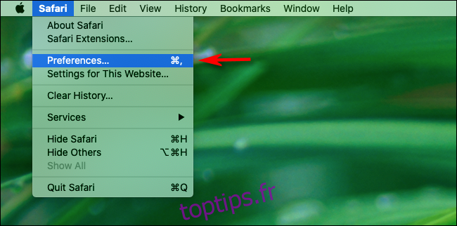 Cliquez sur Préférences dans le menu Safari sur Mac