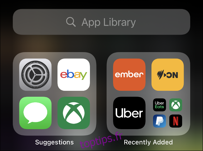Une bibliothèque d'applications iOS 14 et la barre de recherche.