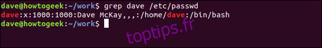 grep dave / etc / password dans une fenêtre de terminal