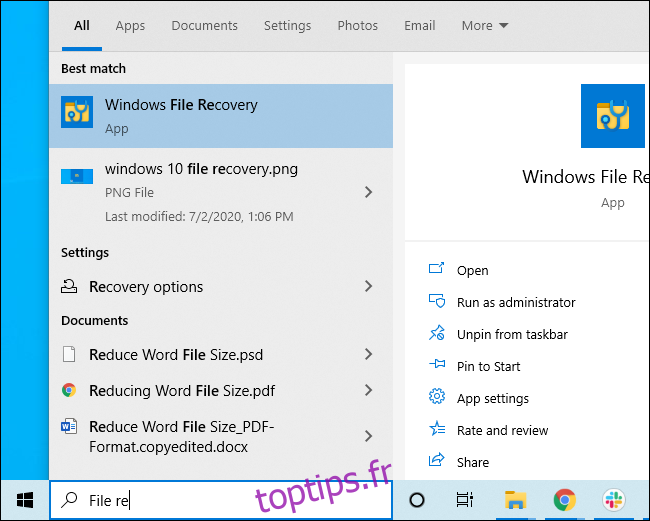 Lancement de la récupération de fichiers Windows à partir du menu Démarrer
